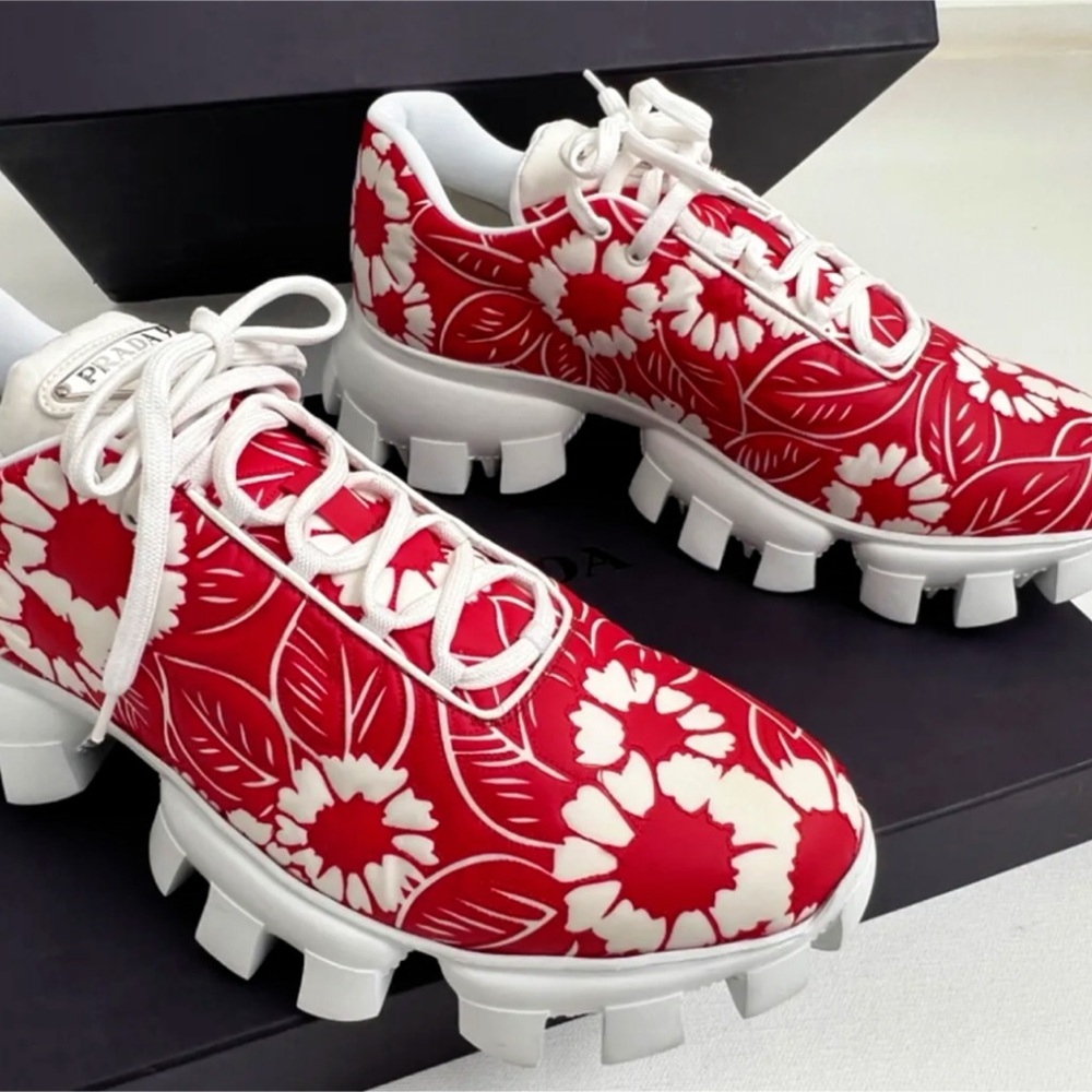 Prada Rare Lux Sneakers, Red w/White Flowers, Unisex Men’s US 9 EU 42 Xmas Gift - Picture 17 of 17